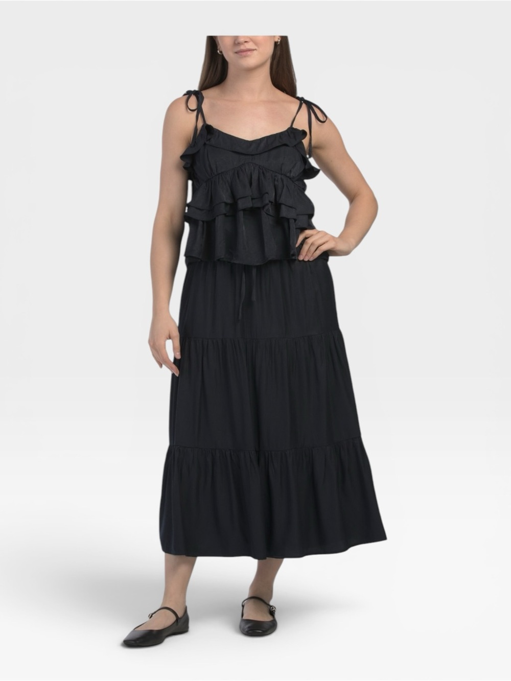 NWT LE LIS 2 Piece Ruffle Top and Maxi Skirt Matching Set in Navy Blue SMALL